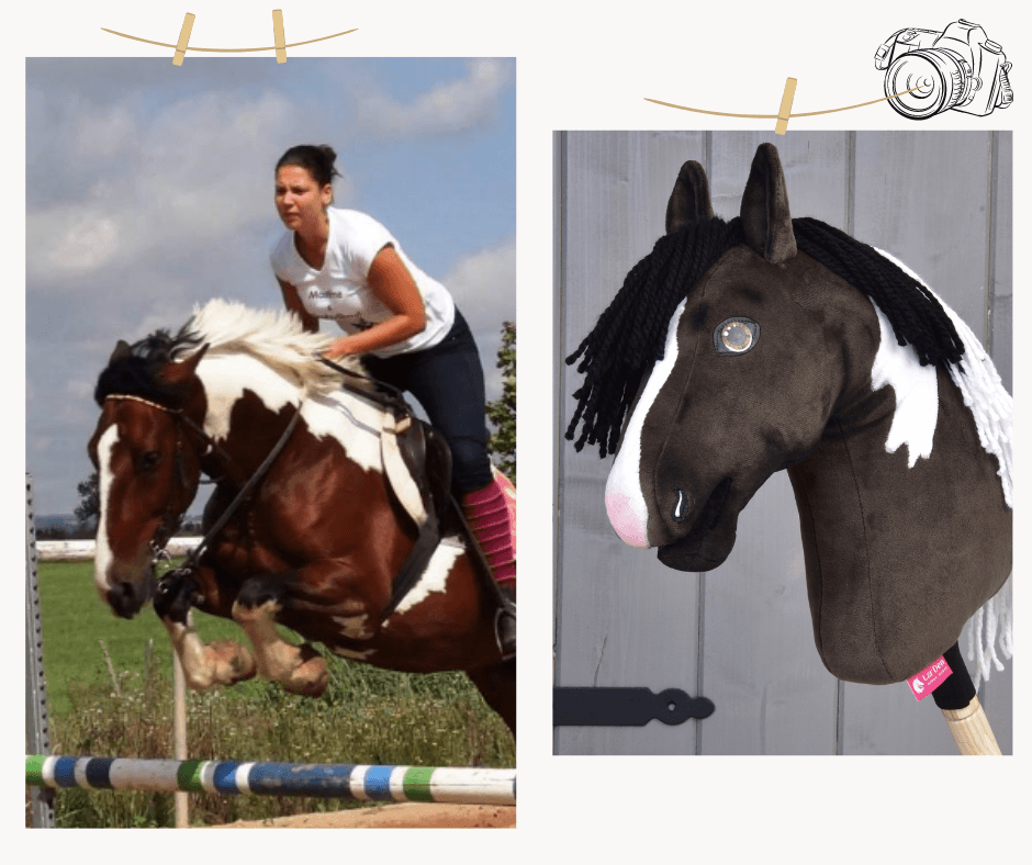 Dělený obrázek: vlevo žena skáče na strakatém koni, vpravo je „Hobby Horse Koník podle fotografie“ od Hobby Horse LarDen – zakázkový Hobby Horse s černou přízovou hřívou a bílo-hnědým zbarvením.