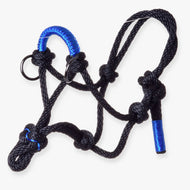 Parelka Azure od Hobby Horse LarDen, černá provazová ohlávka s modrými akcenty a kovovými kroužky, perfektní jako stylový doplněk pro váš Hobby Horse.