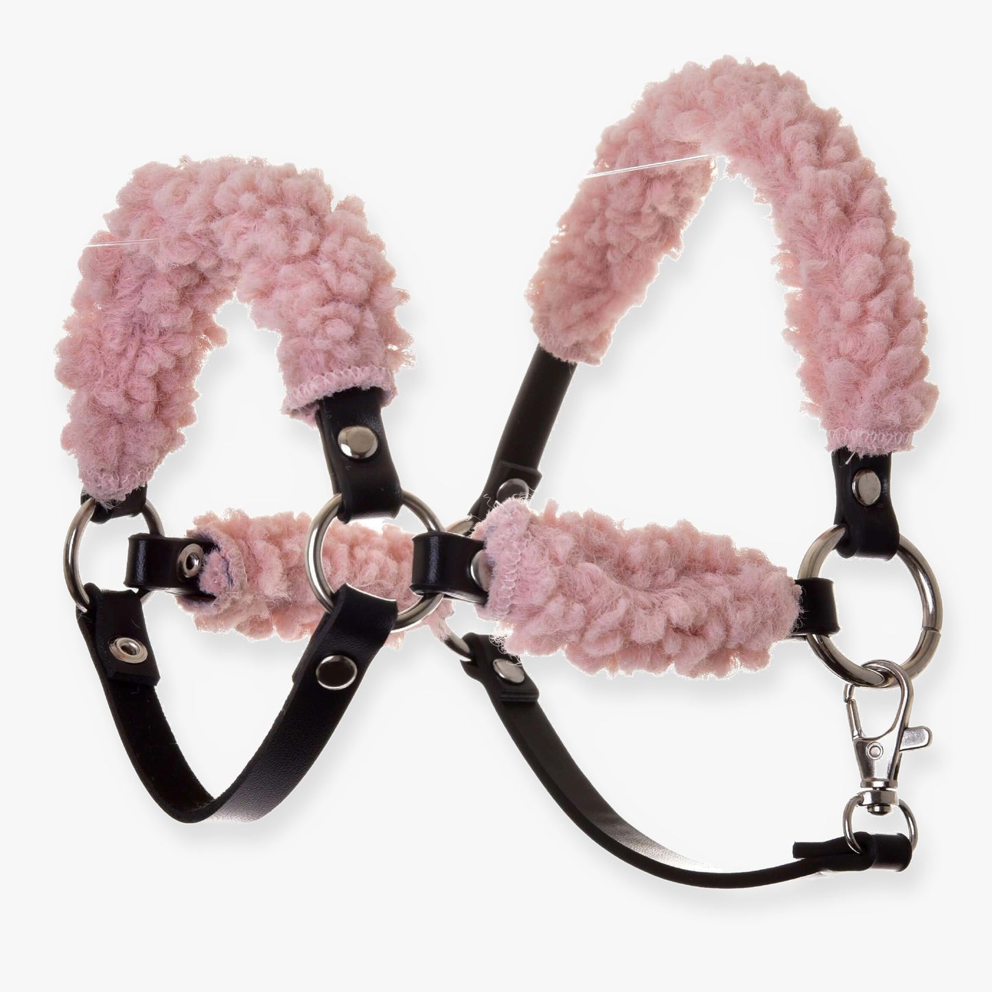 Černá ohlávka z koženky s kompletním starorůžovým beránkem od Hobby Horse LarDen se soft růžovým chlupatým fleece na nánosníku, nátylníku a lícnicích pro větší pohodlí a oporu.